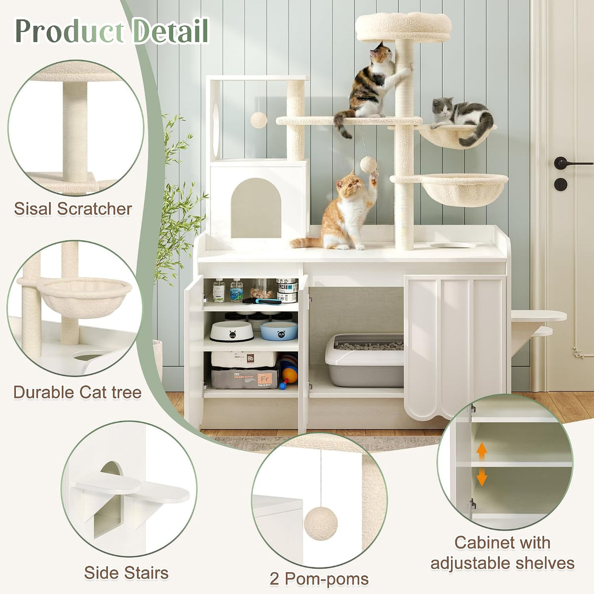 50.6" Cat Tree with Hidden Litter Box Enclosure, Modern White Cat Tower with Sisal Scratching Posts, Storage Cabinet, Hammocks, Platforms, Condo and Top Perch, Indoor Multi-Level Play & Rest Furniture