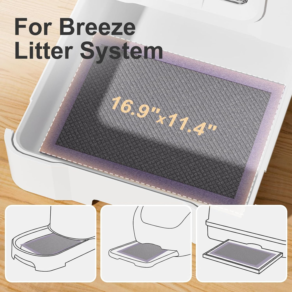 Cat Pad Refills for Litter Box, 16.9"x11.4" Odor Control Cat Pee Pads with Activated Carbon for Breeze Litter System(30Counts/Purple)