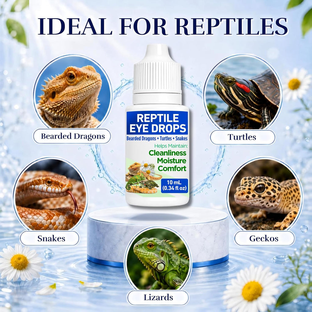 Reptile Eye Drops for Turtles, Bearded Dragons, Snakes & Lizards, Daily Eye Care Solution with Manuka Honey & Chamomile, Helps Clean Eye Area & Shedding Residue, Includes Cotton Swabs, 10 mL