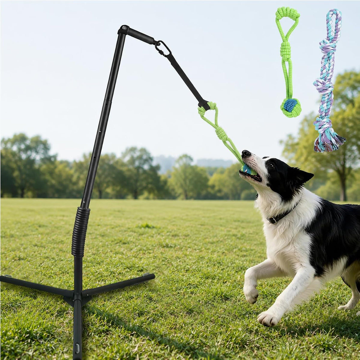 Outdoor Tug of War Dog Toy with Reinforced Tripod Base - Heavy Duty Iron 360° Interactive Tether Tug Toy for Backyard Solo Play - Adjustable Spring Pole Rope System for All Breeds