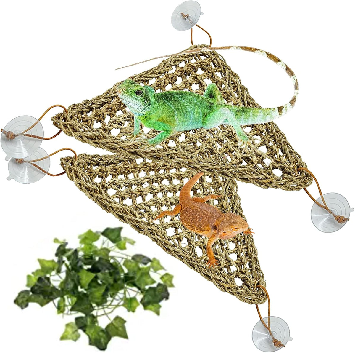 Tfwadmx 2 Pack Bearded Dragon Hammock, Reptile Climbing Decor, Lizard Lounger 100% Natural Seagrass Fabric Hammock for Reptiles, Geckos, Anoles, Iguanas, Hermit Crabs, Triangular