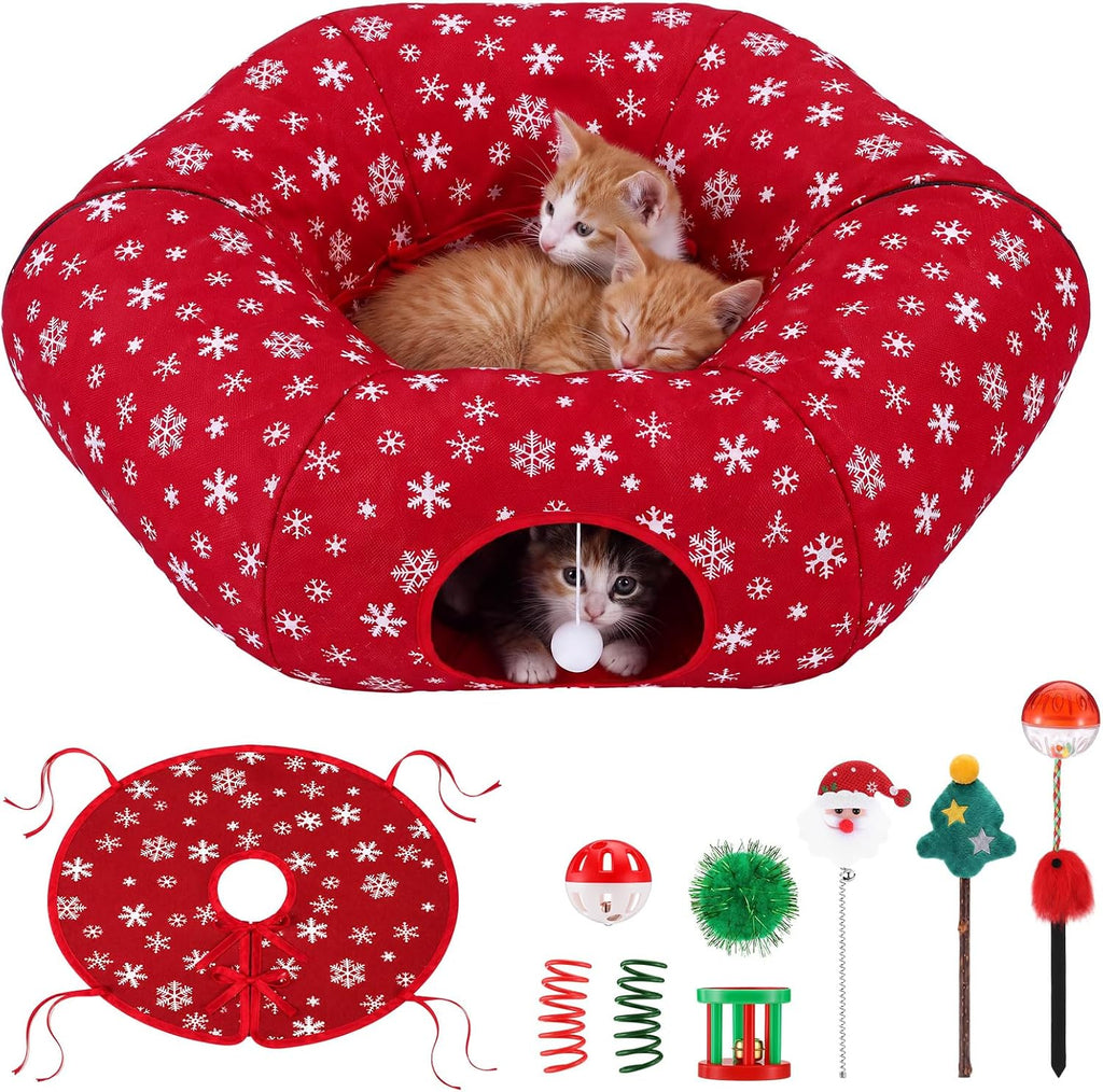 Sosation 9 Pcs Christmas Cat Tunnel Tree Skirt with 7 Pcs Toys 2.9ft x 2.9ft x 10.6inch Buffalo Plaid Tunnel Bed with Ball and Cat Cave for Felines and Small Animals Indoor Outdoor Decorations