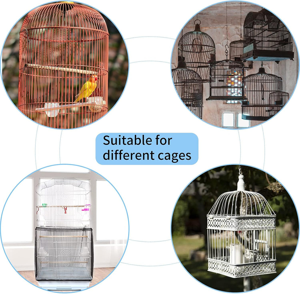 Daoeny Universal Bird Cage Cover, Adjustable Parrot Nylon Airy Soft Mesh Net, Seed Feather Catcher, Birdcage Cover Skirt Sheer Guard for Parakeet Macaw Round Square Cages (Black)