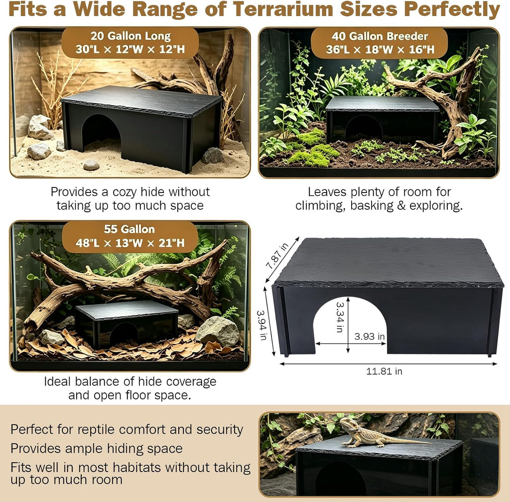 PINVNBY Bearded Dragon Hide Cave, Reptile Basking Platform with Slate Rock