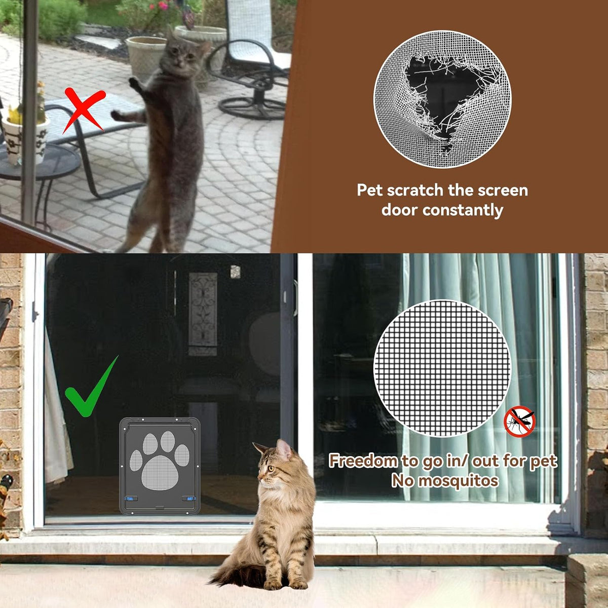 Cat Door for Screen Door with Magnetic Auto-Close, Dual Lockable Tabs Doggy Screen Door, Pet Easy Access for Sliding Screen Door & Window