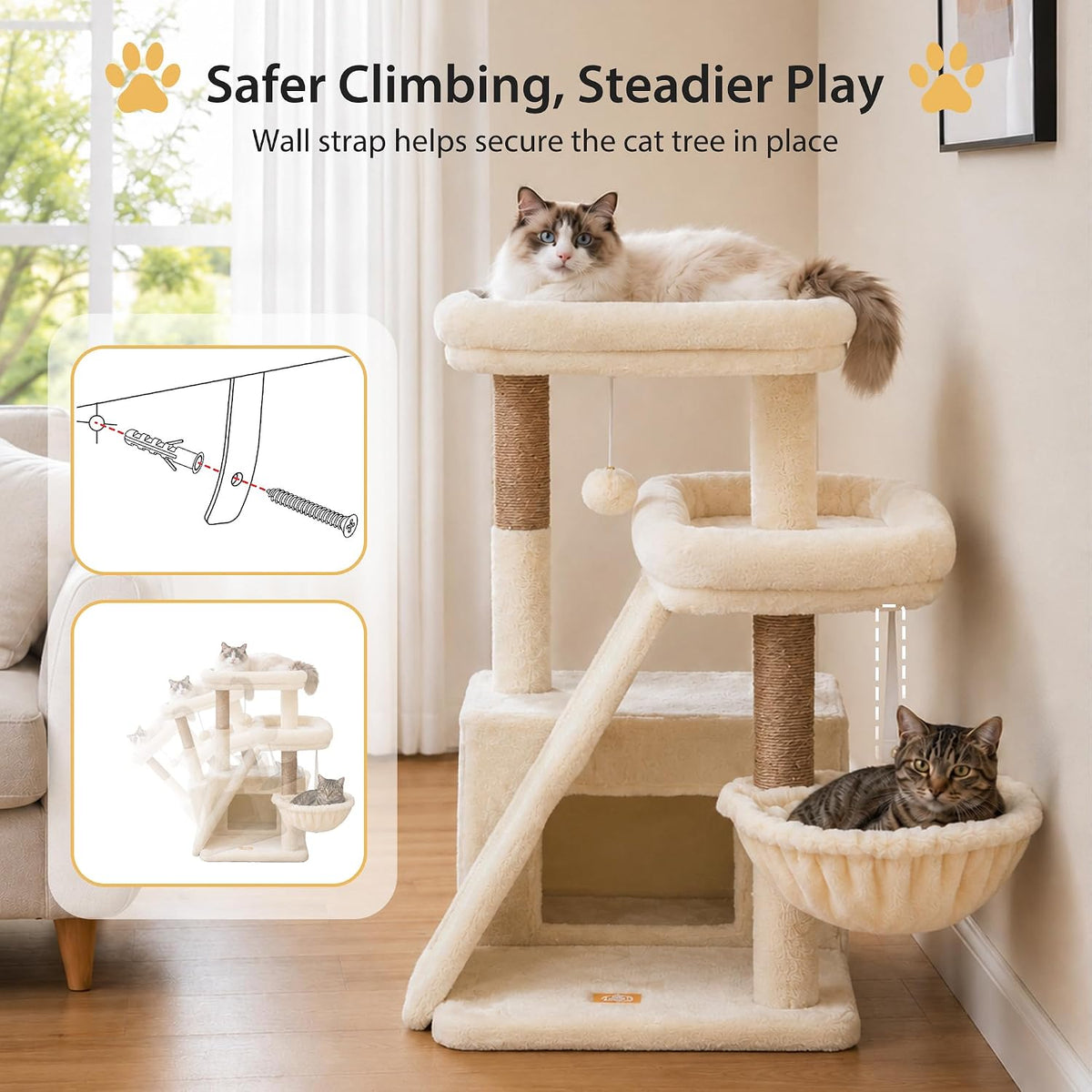 Heybly Compact Cat Tree with Big Scratcher, Stable Cat Tower HCT206SMJ