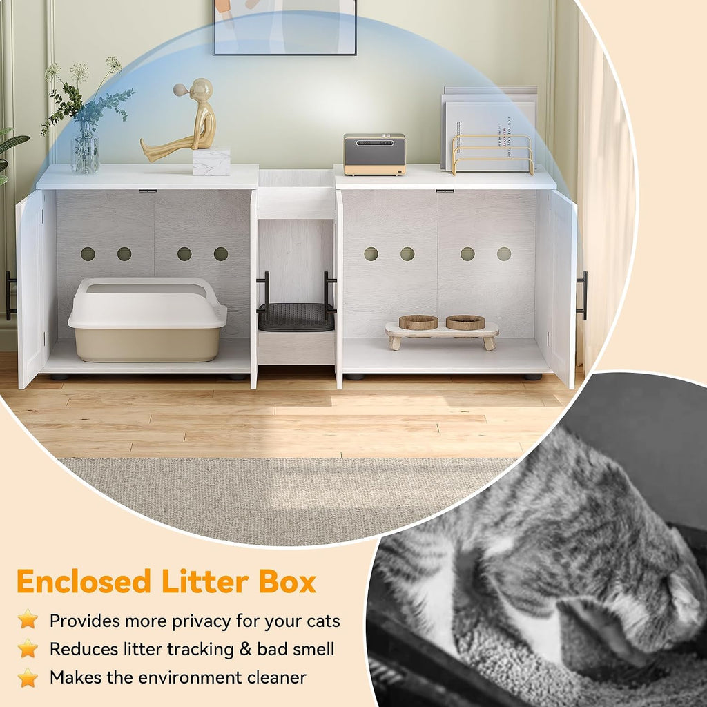 Cat Litter Box Enclosure, 55“ Large Hidden Litter Box Furniture with Double RoomsFarmhouse Wooden Cat Washroom for Bedroom Living Room, White