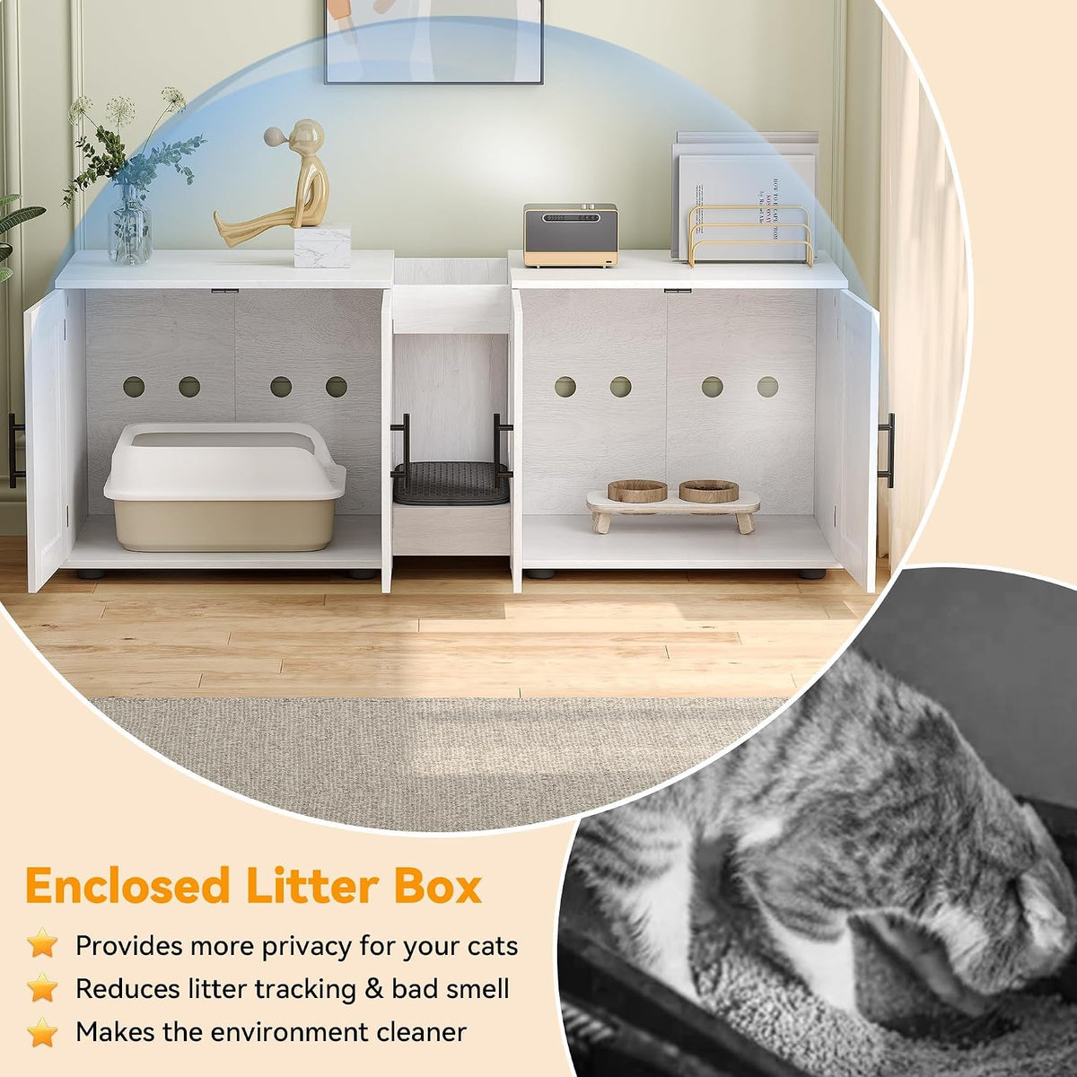 Cat Litter Box Enclosure, 55“ Large Hidden Litter Box Furniture with Double RoomsFarmhouse Wooden Cat Washroom for Bedroom Living Room, White