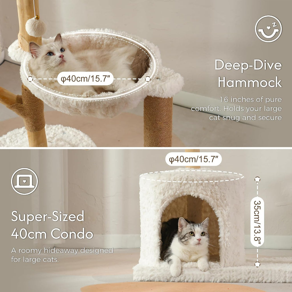 Moewrista Modern Cat Tree with Hammock 48.5 Inches Cat Tower with Scratching Post,Featuring Real Wood Post,Large Rattan Basket, Spacious Flower Perch and Condo for Indoor Cat Large Adults-Beige