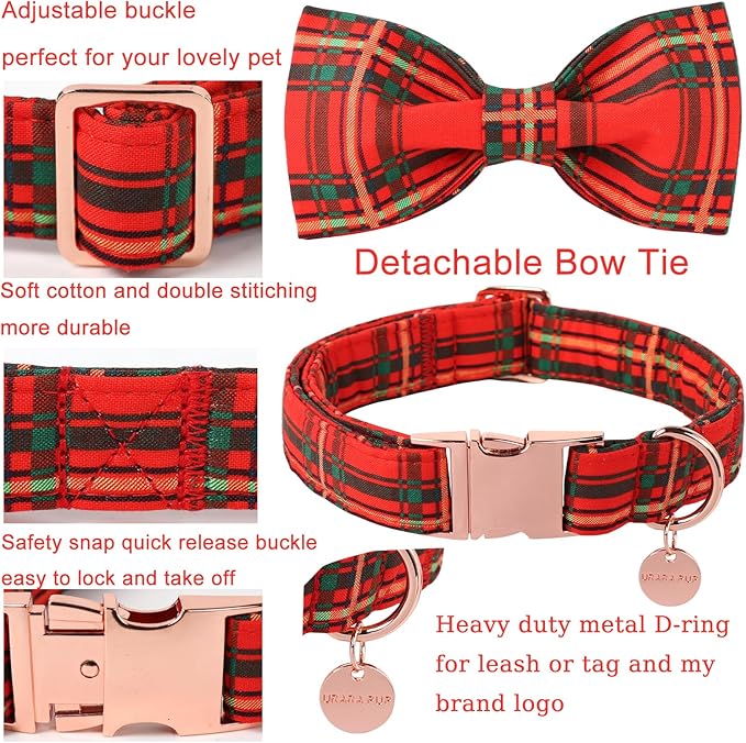 Christmas Dog Collar with Bow Tie, Cotton Christmas Plaid Collar - Image 3