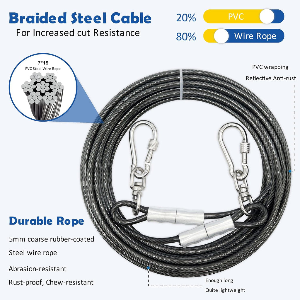 15FT Dog Tie Out Cable – 5mm Diameter Heavy Duty Lead with 1000lbs Break Strength, Chew-Proof & Tangle-Free for Medium & Large Dogs, Outdoor Use (Grey)