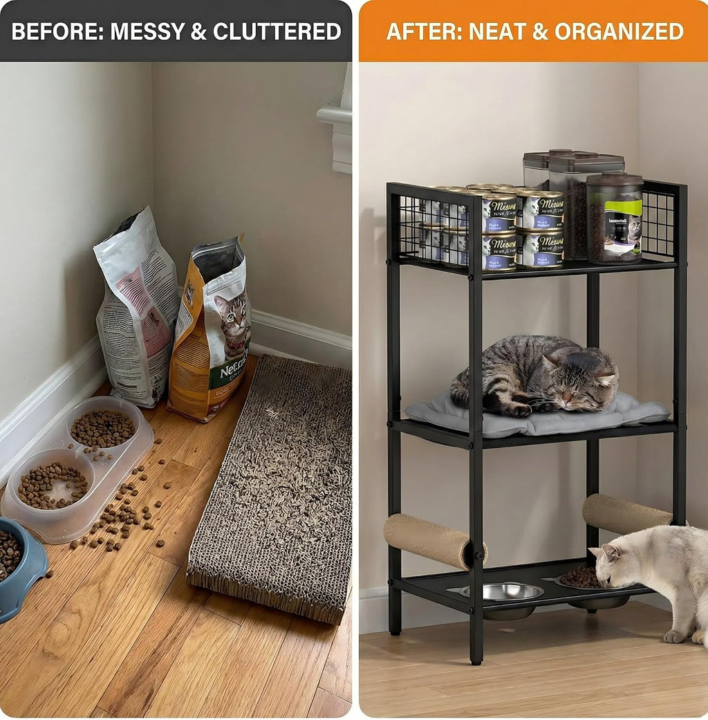 Cat Feeding Station Furniture with Scratching Post, 3-Tier Cat Food Organizer & Storage, Raised Feeding Stand with 2 Stainless Steel Bowls, Space-Saving Cat Shelf for Small Spaces, Black
