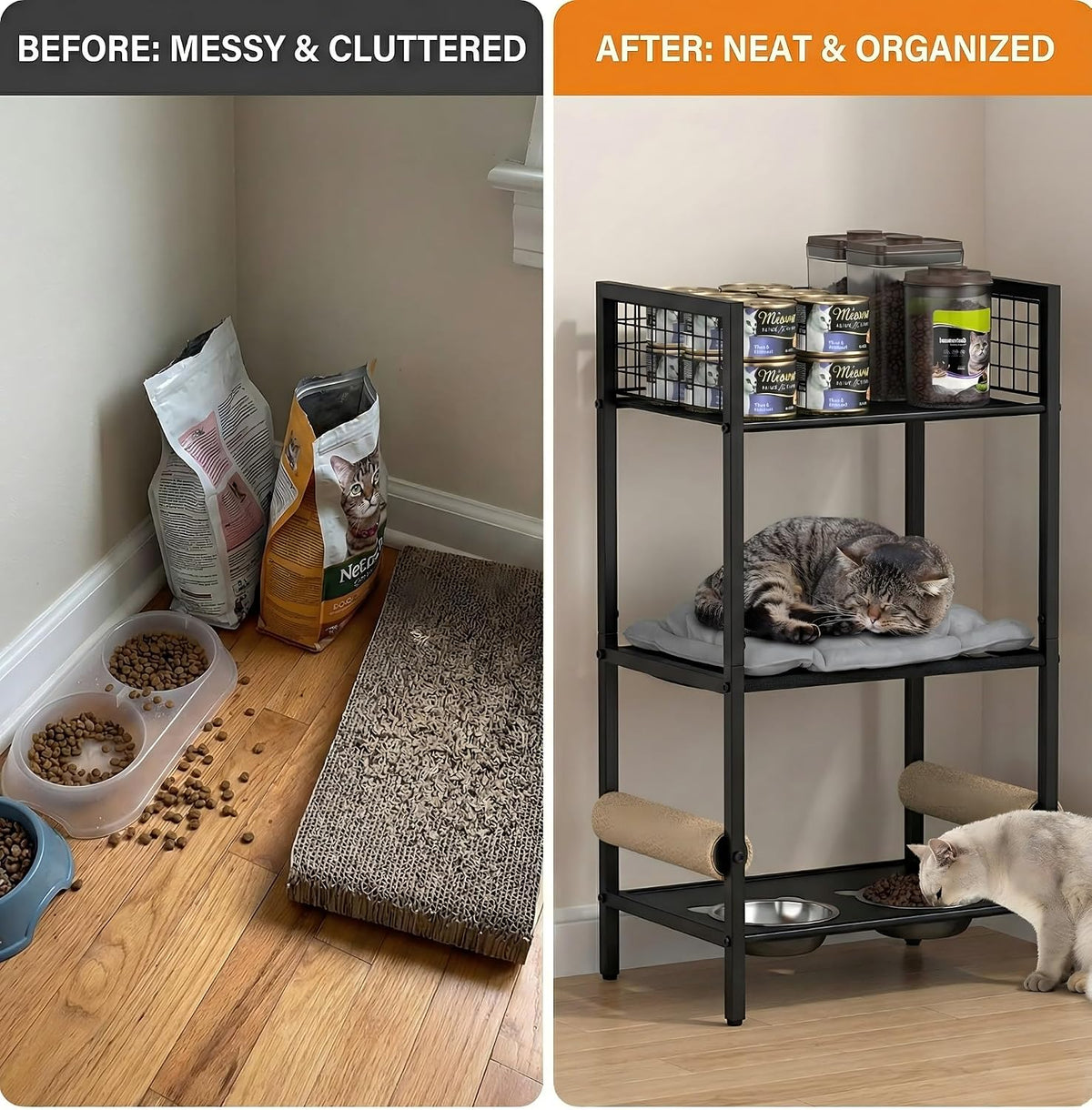 Cat Feeding Station Furniture with Scratching Post, 3-Tier Cat Food Organizer & Storage, Raised Feeding Stand with 2 Stainless Steel Bowls, Space-Saving Cat Shelf for Small Spaces, Black