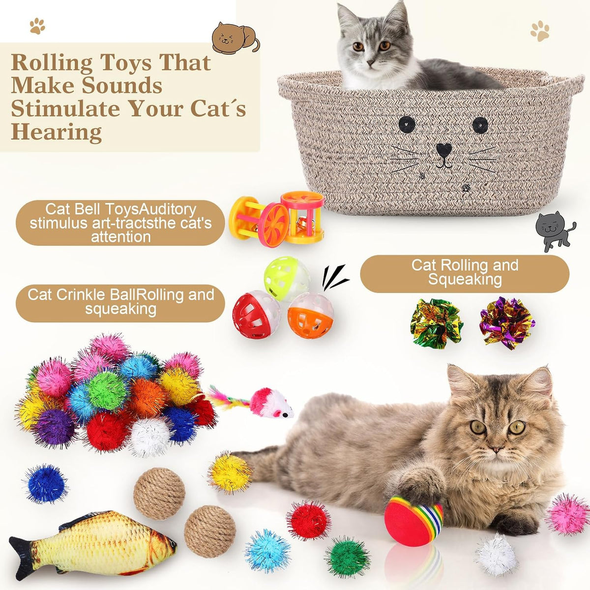Zopeal 58 Pcs Cat Toy Set with Storage Basket Indoor, Dark Brown, 12 Inch