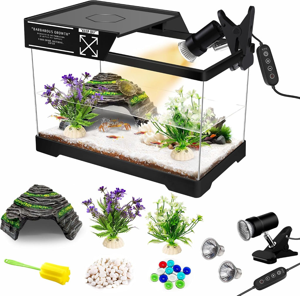 GOZILLA Mini Turtle Tank Kit with Adjustable Lamp, Upgrade PC Hermit Crab Tank, Small Turtle Starter Kit with Lid, Resin Hideout for Baby Turtles and Crabs (11.8×7.24×7.1''/Black Kit)