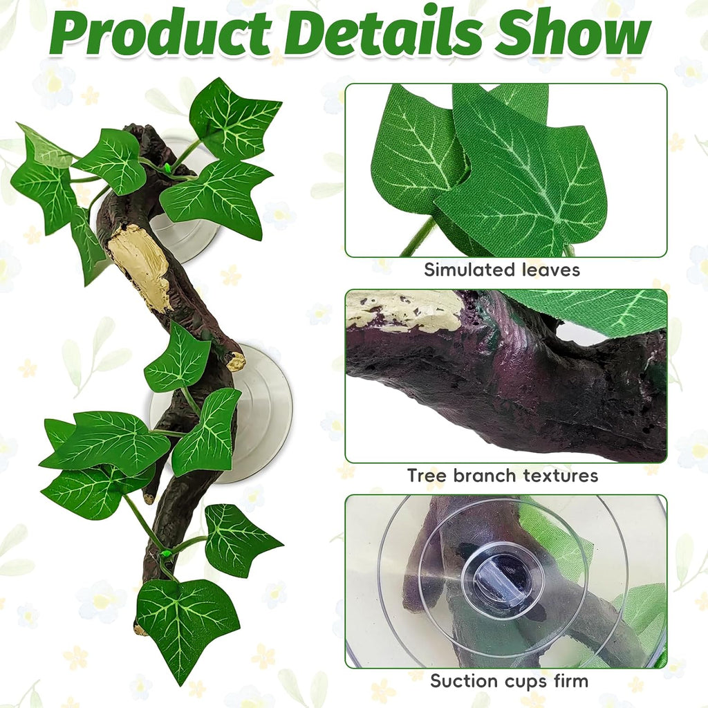PINVNBY 2 PCS Reptile Corner Branch Terrarium Plant Decoration with Suction Cup Resin Plant for Amphibian Lizard Snake Climbing