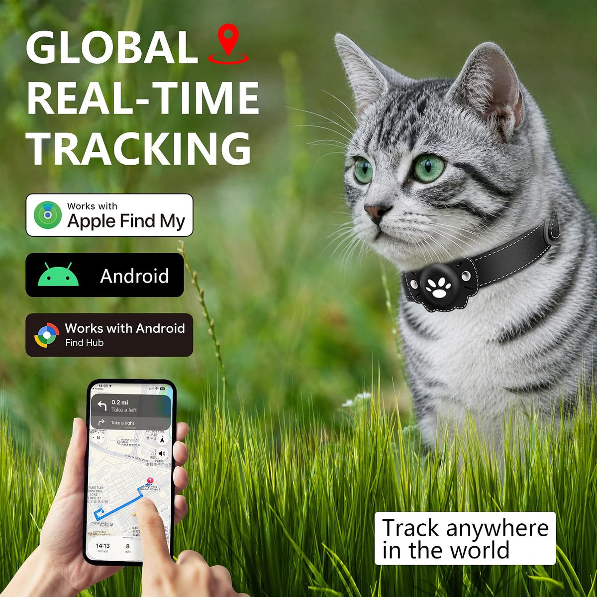 GPS Tracker for Cats, Cat GPS Tracker, Pet Location Tracker with Collar, Real-Time Tracking, No Monthly Fee or Subscription, Waterproof, 365-Day Long Battery Life Cat Collar, iOS & Android (Black)