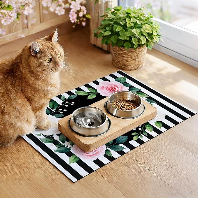 Pet Feeding Mat 24" x 16" Floral Stripe Welcome Design Non Slip Dog Food Mat - Image 4