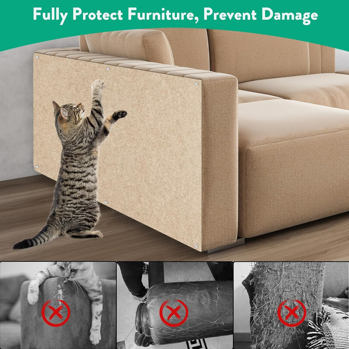 Cat Scratch Mat, 78.7"x15.8" Trimmable Self-Adhesive Cat Scratcher Carpet, DIY Cats Scratch Furniture Protector for Couch, Sofa, Wall & Door, Protector from Cat Claws (Beige)