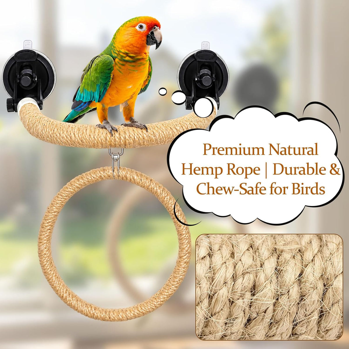 Natural Flax Bird Perch Window Stand for Climbing Grinding, Strong Suction Cup Bird Perch, Movable Parrot Perch Stand for Window Mirror Bath Car, Window Perch for Birds Cockatoo Parrot Cockatiel