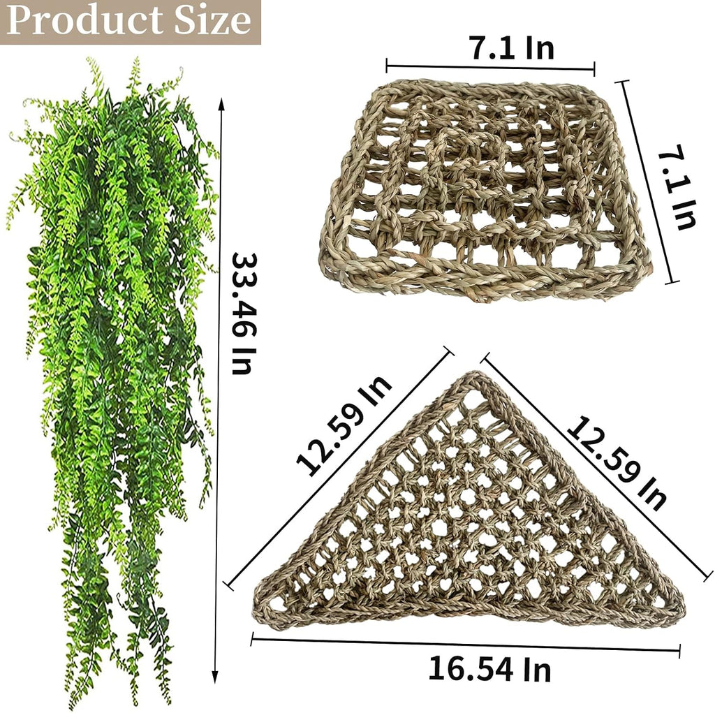 Seagrass Hammock for Bearded Dragon,4PCS Lizard Lounger,Natural Seagrass Gecko Hammocks with Hanging Plants Climbing Jungle Vines Flexible Leaves Habitat Decoration for Lizard Geckos Snakes