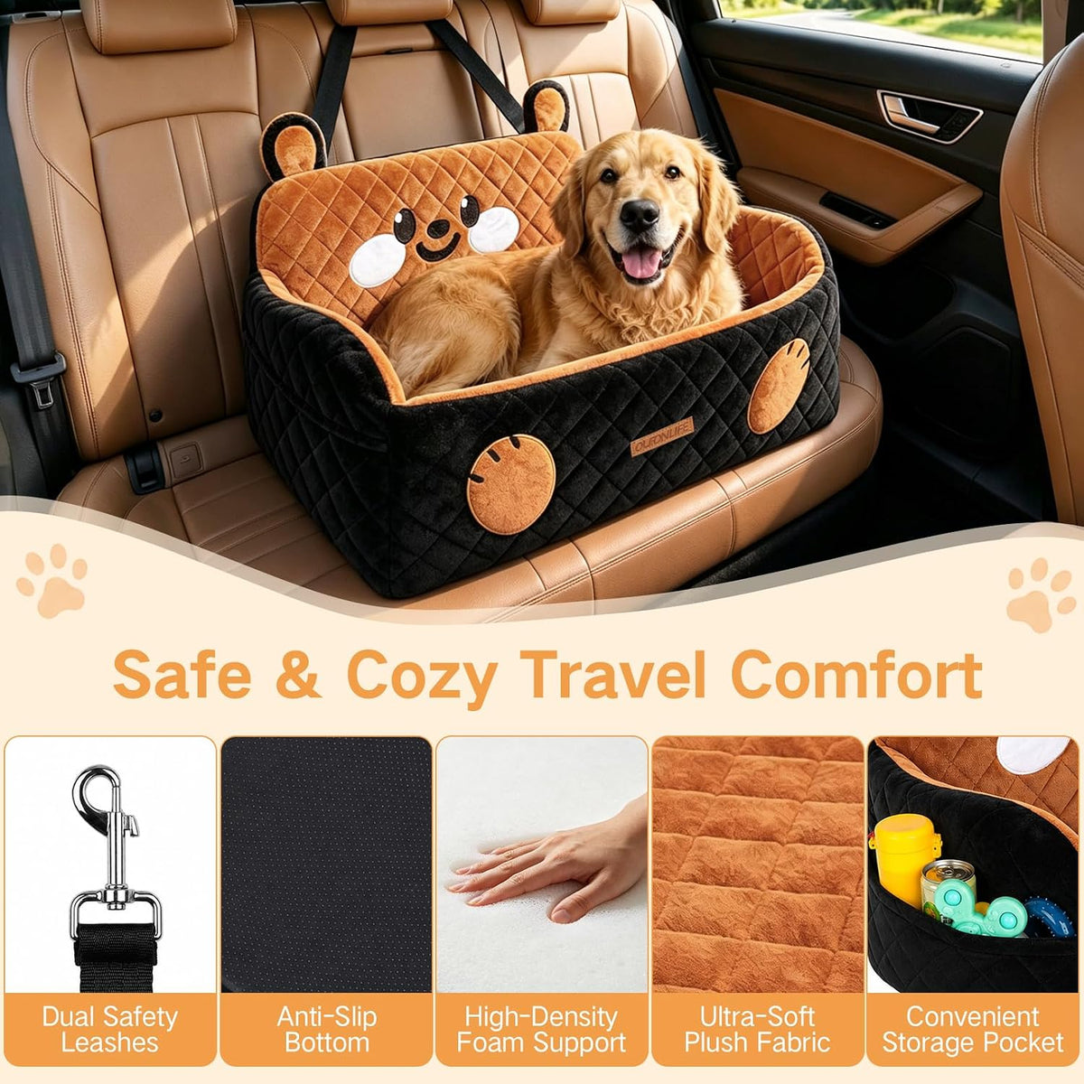 Large Dog Car Seat for Dogs up to 55 lbs or 2 Small Dogs, High-Density Foam Pet Travel Bed with Ultra-Soft Plush, Detachable Washable Cover, 2 Safety Leashes, Storage Pockets, Back Seat Use