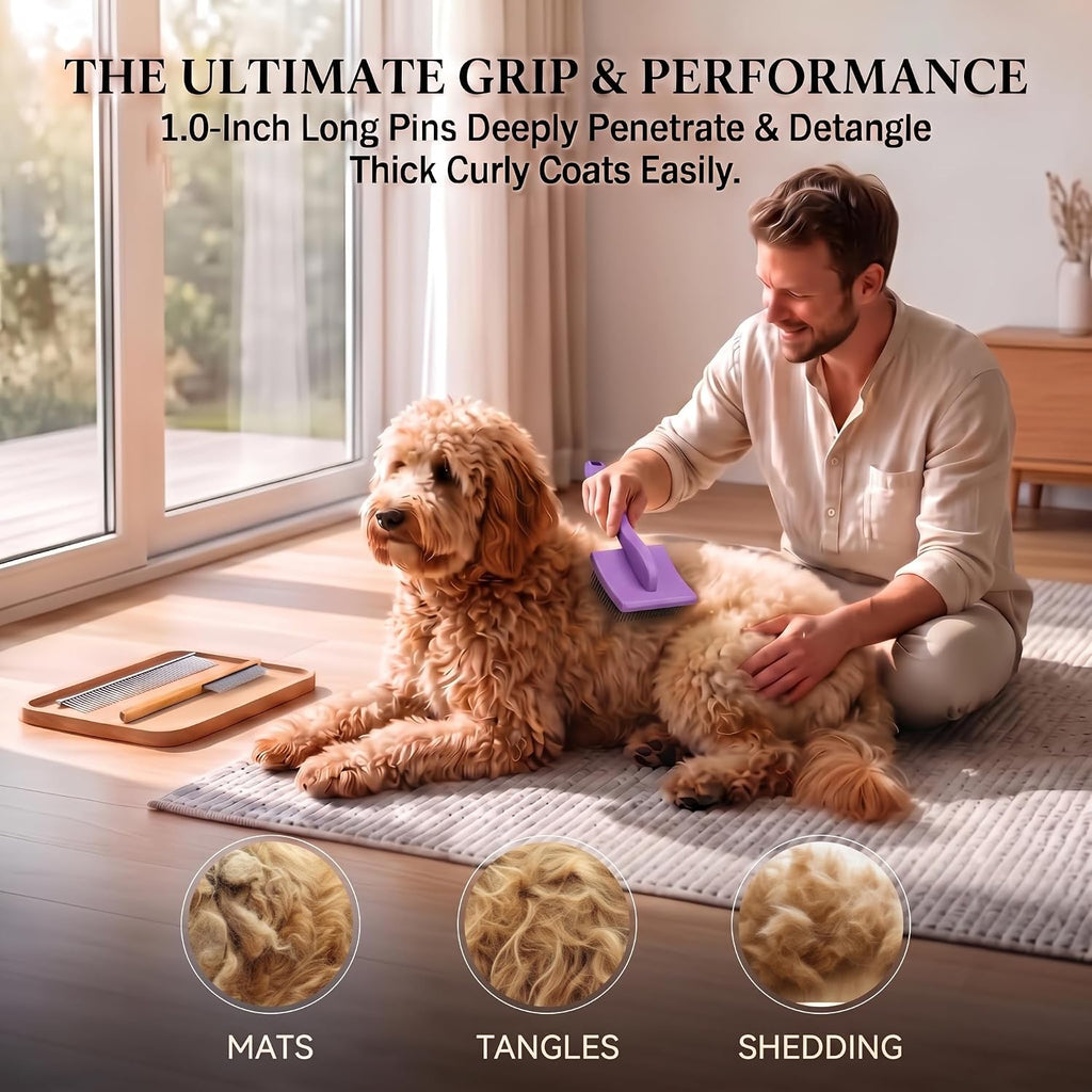 Slicker Brush for Dogs - 3-Piece Grooming Brush Set, Purple