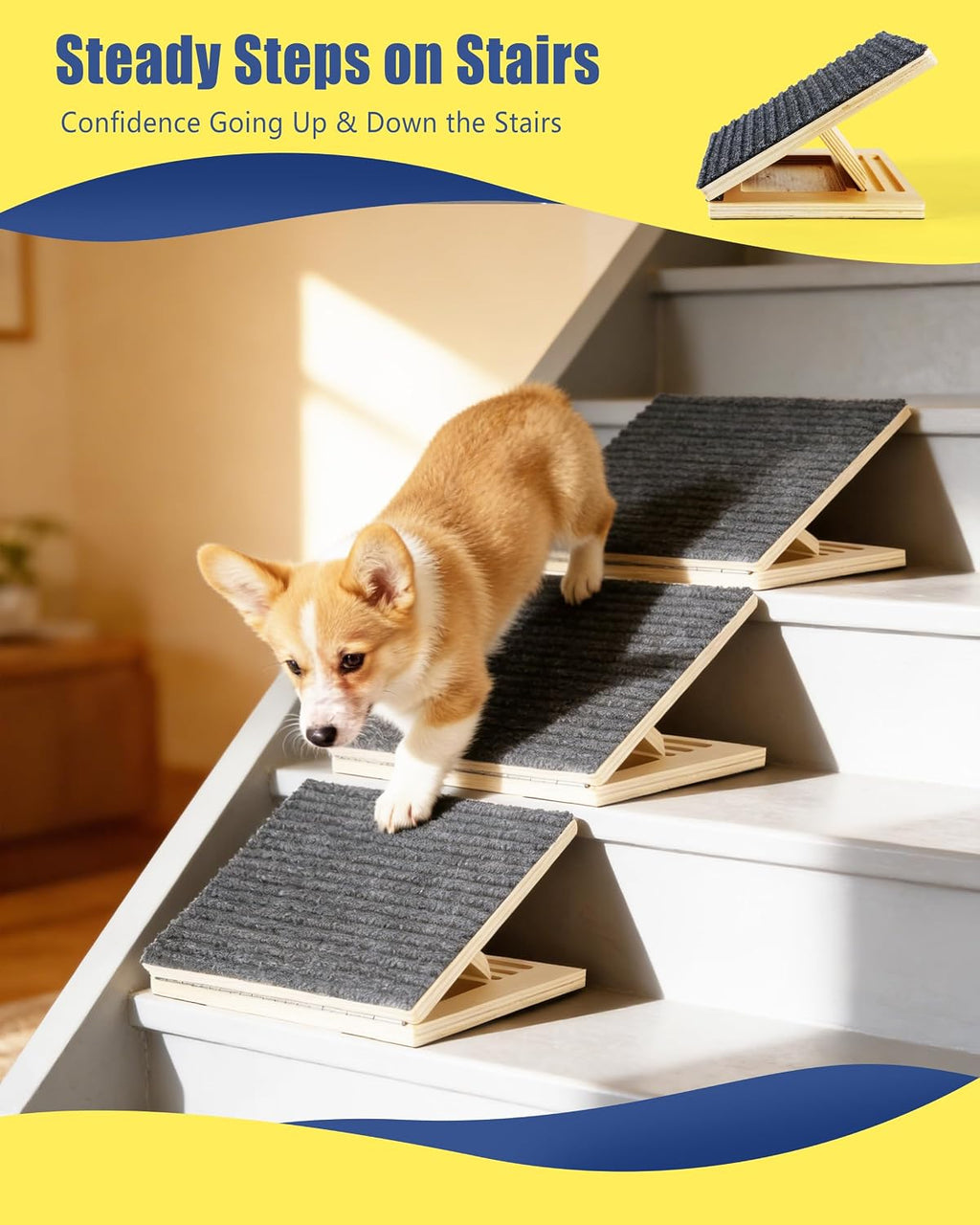 Dog Ramp for Stairs, 2 Pack Wooden Dog Stair Ramps for Small Dogs Only, Foldable Non-Slip Pet Ramp for Indoor Stairs, Adjustable Step Support for Senior, Short-Legged & Small Pets