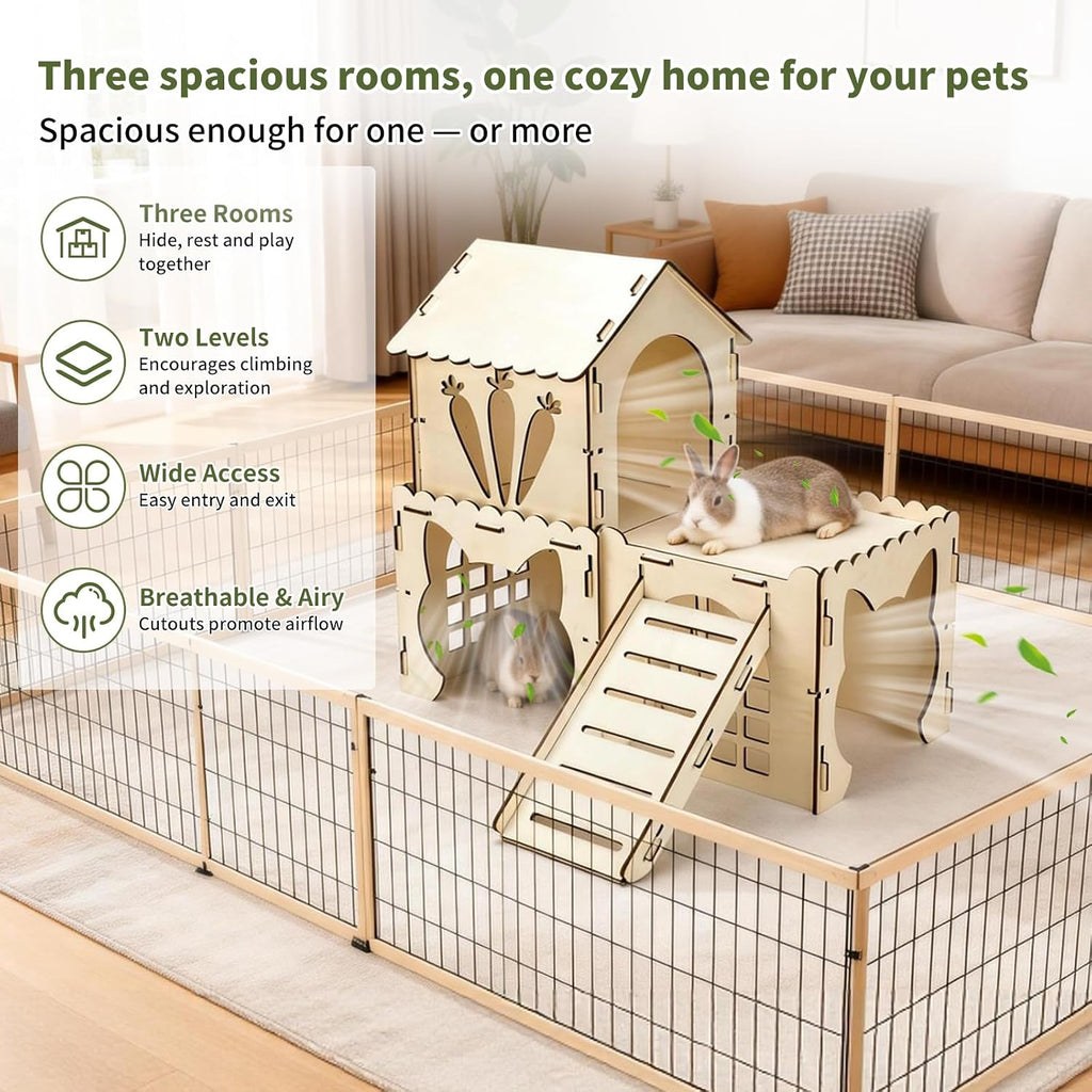 Rypet Extra Large Wooden Rabbit Castle, Bunny House Hideout with Stairs