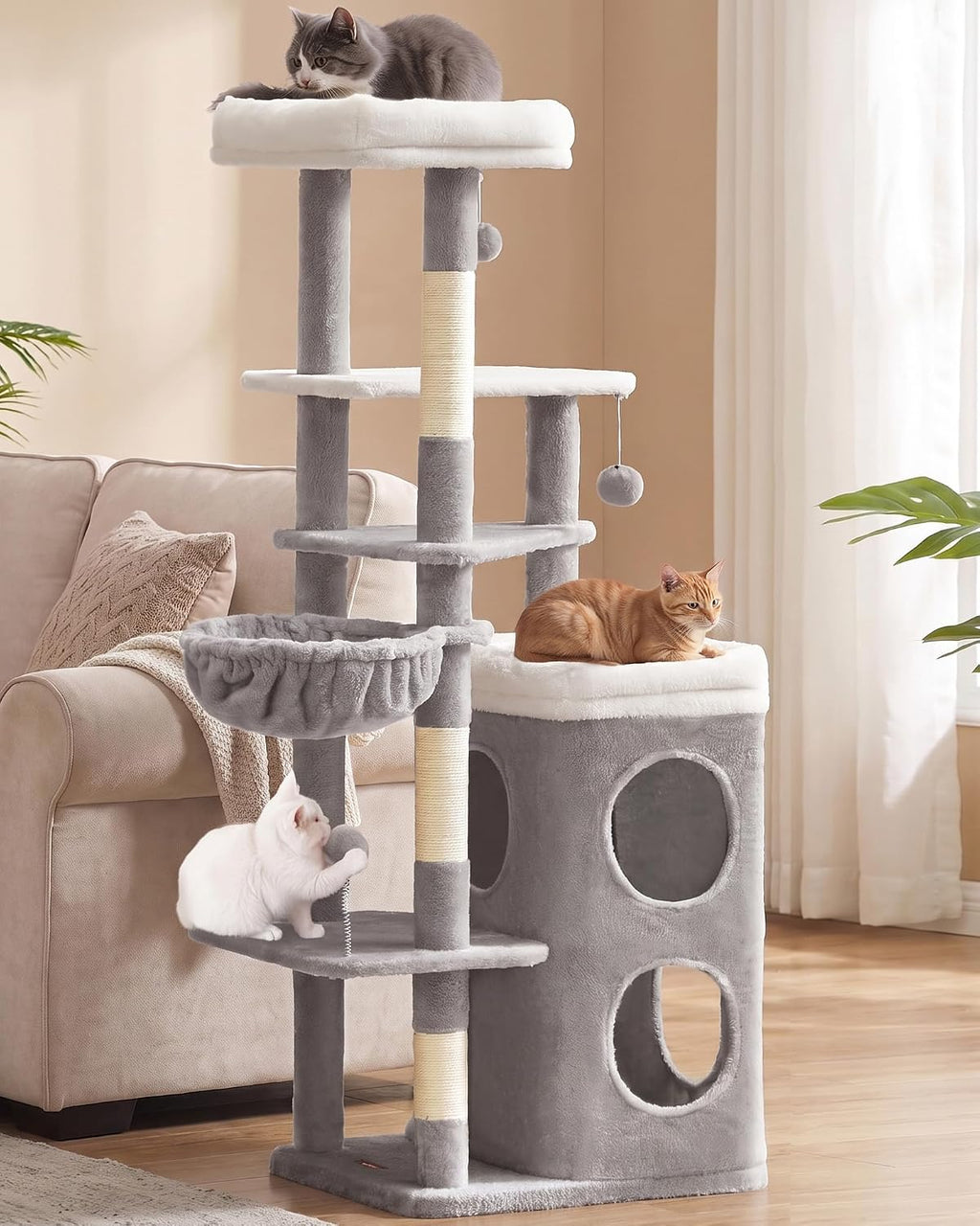Feandrea Cat Tree Indoor, 60" Multiple-Level Plush Cat Tower, Dark Gray