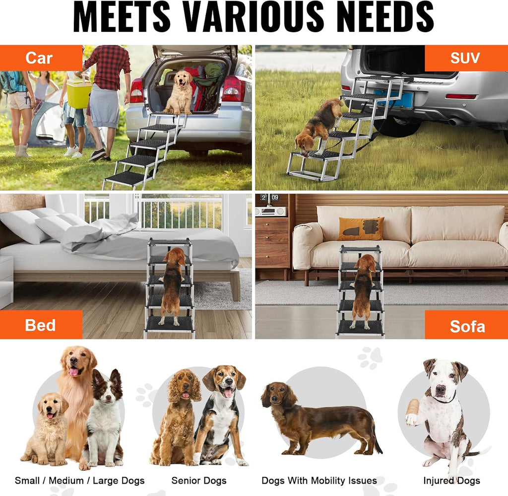 VEVOR Dog Stairs for Car Wide 5-Steps,Folding Dog Car Ramp with Nonslip Surface, Portable Pet Steps Lightweight Aluminum for Car, SUV and Truck, Supports up to 150 lbs