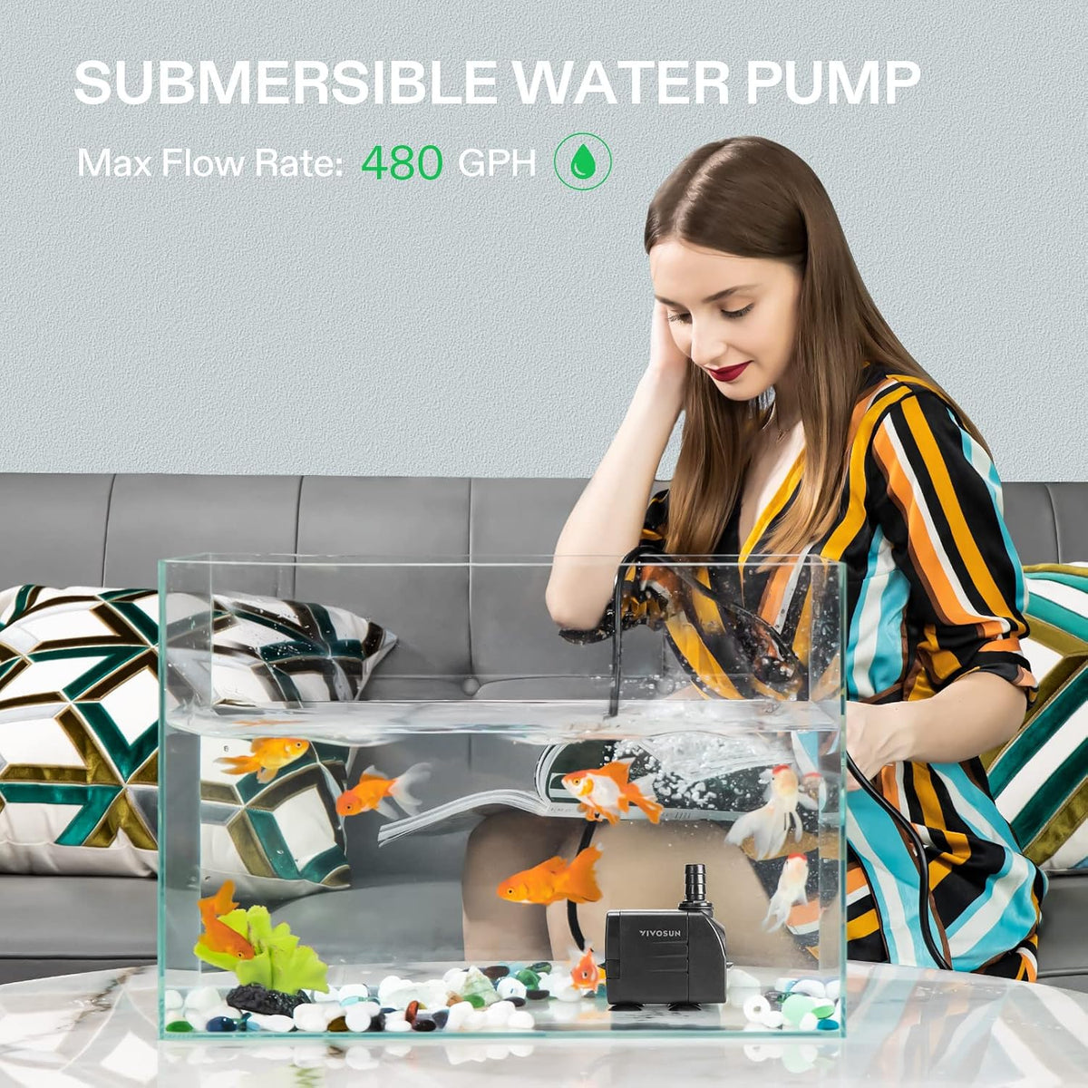 VIVOSUN 480GPH Submersible Water Pump, Fountain Pump with 7.2ft High Lift