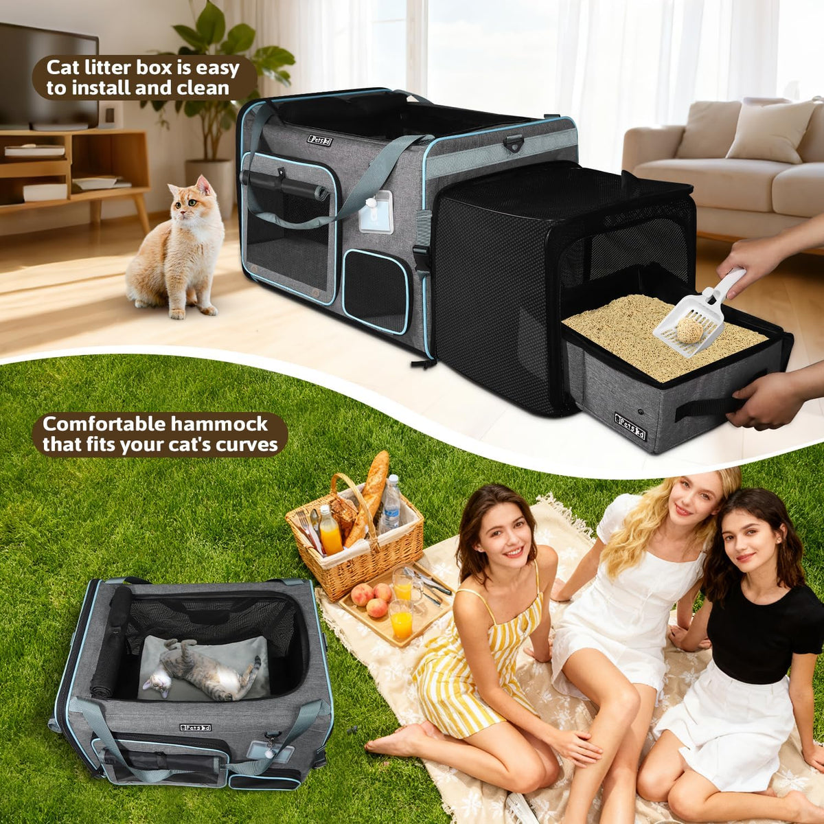 Petskd Side Expandable Extra Large Cat Carrier with Litter Box, Grey