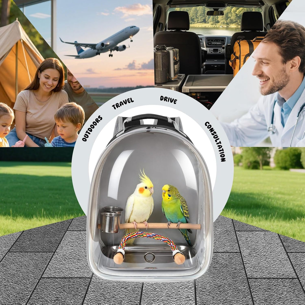 Bird Traval Carrier Cage, Multi Vent Holes Clear Space Capsule Astronaut Backpack to Carry Parakeet Cockatiel Parrot with Metal Tray Wood Perch, Vet Transport Bag