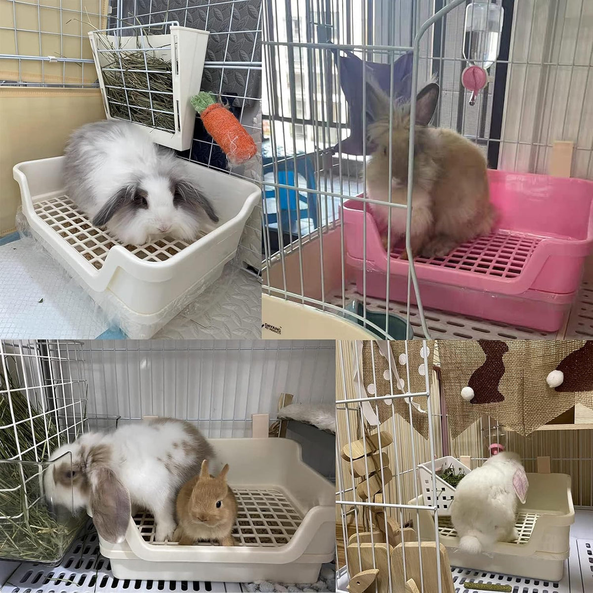 PINVNBY Large Rabbit Litter Box Deep Bunny Corner Toilet Box Double-Deck Small Animal Potty Trainer with Hooks for Adult Guinea Pig Chinchilla Ferret Chipmunk (Pink)