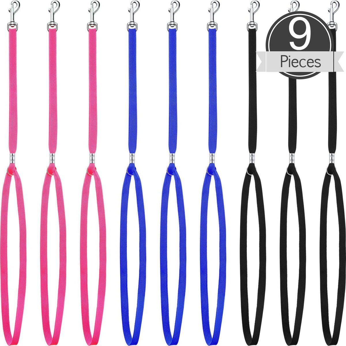 Boao 9 Pcs Pet Grooming Loop Adjustable Nylon Restraint, Black, Blue, Pink