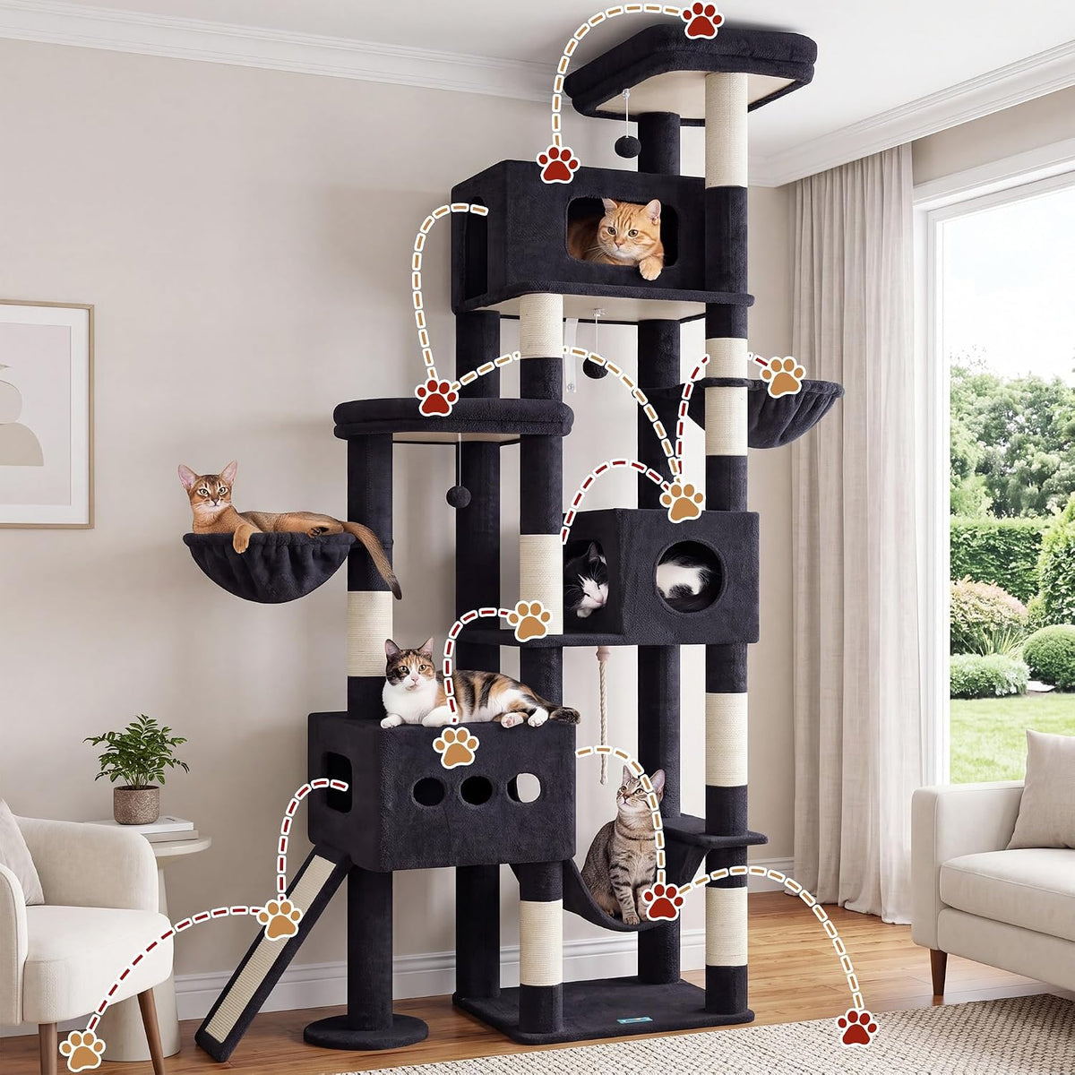 Cat Tree, 89" (225cm) Tall Cat Tower with 3 Cat Condos, GCT808G