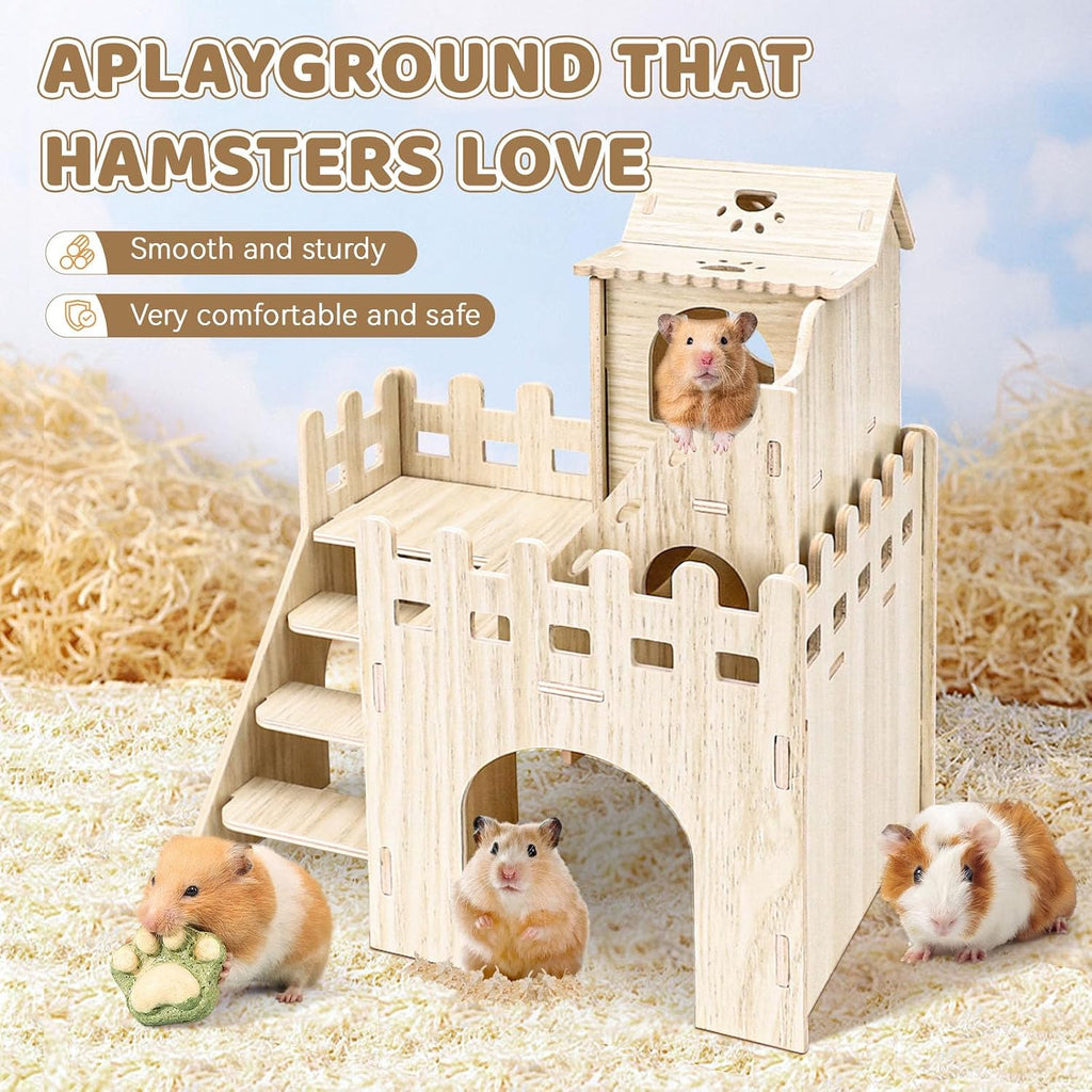Wooden Hamster Hideout, Hamster Houses and Hideouts with Climbing Ladder, Hamster Maze Hamster Accessories for Bigger Syrian Hamsters and Small Animals
