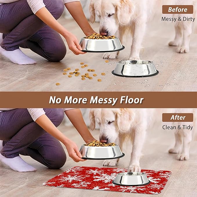 Christmas Dog Food Mat for Floors, Snowflake Absorbent Pet Food and Water Bowl - Image 5