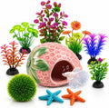 10PCS Aquarium Decorations, Ice Crackle Glaze Betta Fish Tank Decor Accessories, Ceramic Strawberry House Cave Hideout with Artificial Plants Grass Ball & Starfish for Goldfish Shrimp Cichlid (Pink)