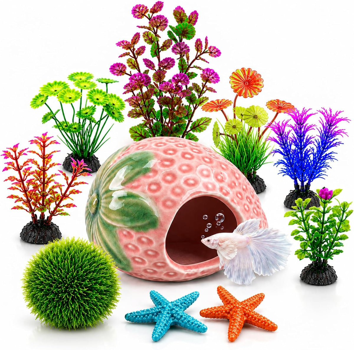 10PCS Aquarium Decorations, Ice Crackle Glaze Betta Fish Tank Decor Accessories, Ceramic Strawberry House Cave Hideout with Artificial Plants Grass Ball & Starfish for Goldfish Shrimp Cichlid (Pink)