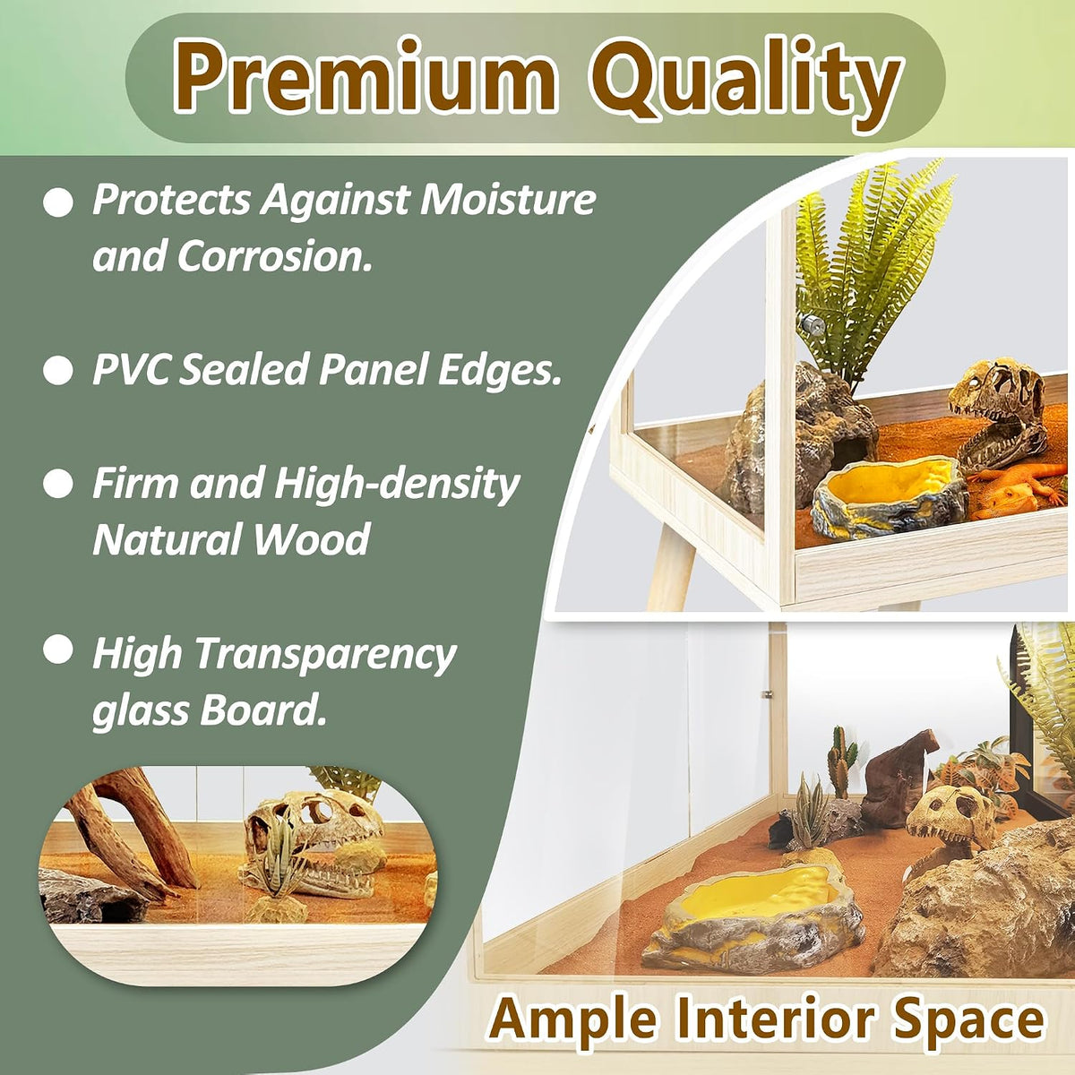 PROLEE Reptile Enclosure with Leg, 82 Gallons Bearded Dragon Tank, Tempered Glass Lizard Tank with Metal Mesh Tops and Lockable Door, Spacious Reptile Habitat for Snake,Lizard (Oak)