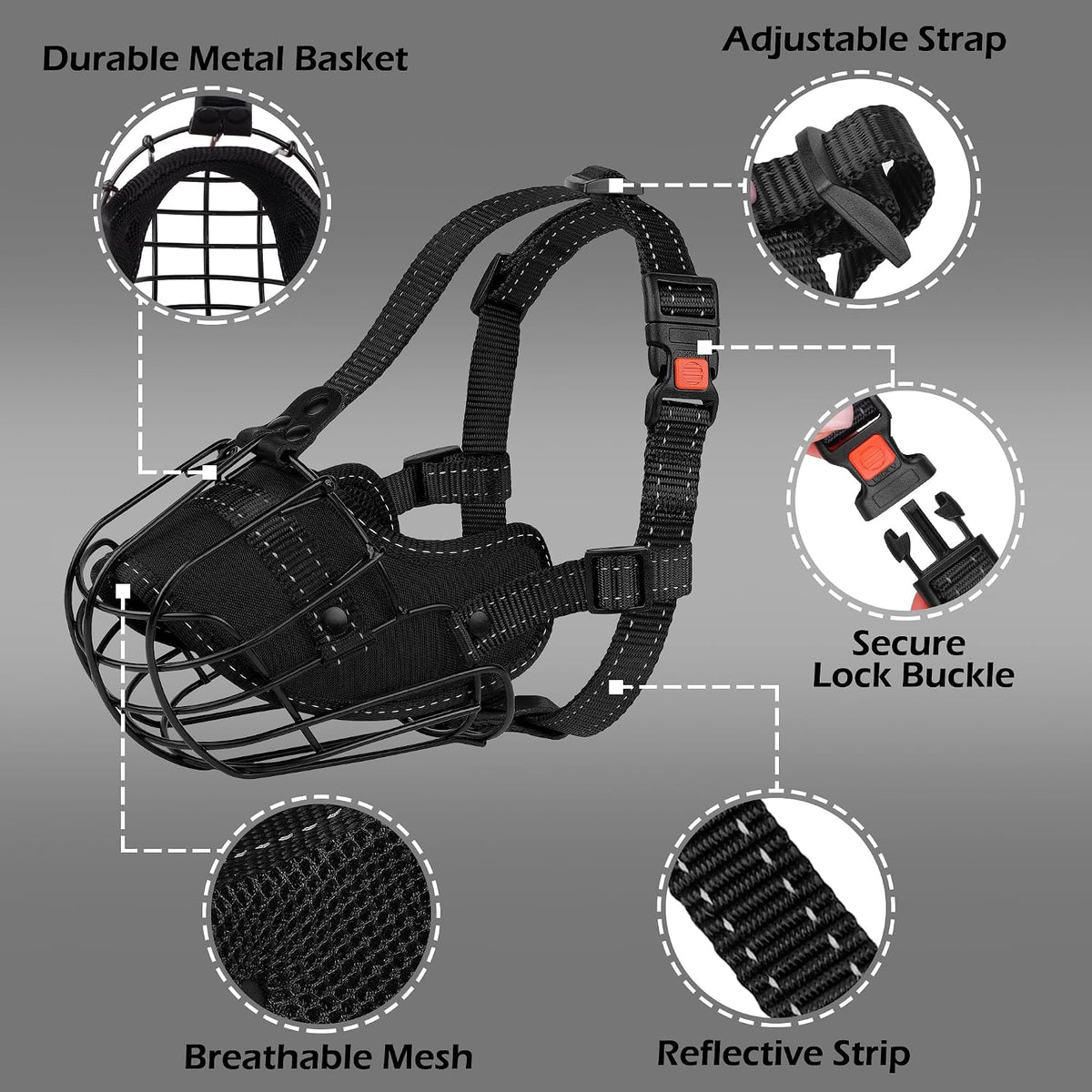 OOPSDOGGY Pitbull Dog Muzzle Reflective Metal Mask Secure Wire Basket Muzzles for Large Sized Dogs Amstaff Soft Cage to Prevent Biting Chewing with Adjustable Nylon Straps (Black, Pitbull)