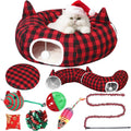 Dansydaisy Cat Tunnel Christmas Tree Skirt, Plaid Buffalo Cat Tunnel Bed with Toys, Hanging Pom Ball Plush Washable Cushion and Dangling Balls 3FT Peekaboo Playground for Small Rabbit Xmas Decor