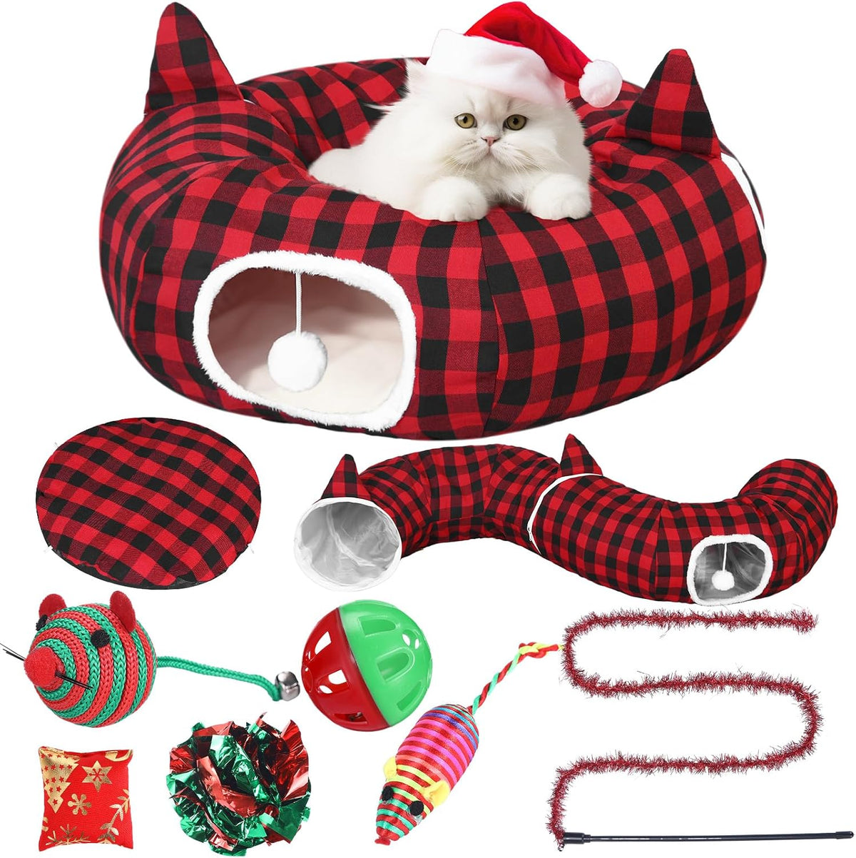 Dansydaisy Cat Tunnel Christmas Tree Skirt, Plaid Buffalo Cat Tunnel Bed with Toys, Hanging Pom Ball Plush Washable Cushion and Dangling Balls 3FT Peekaboo Playground for Small Rabbit Xmas Decor
