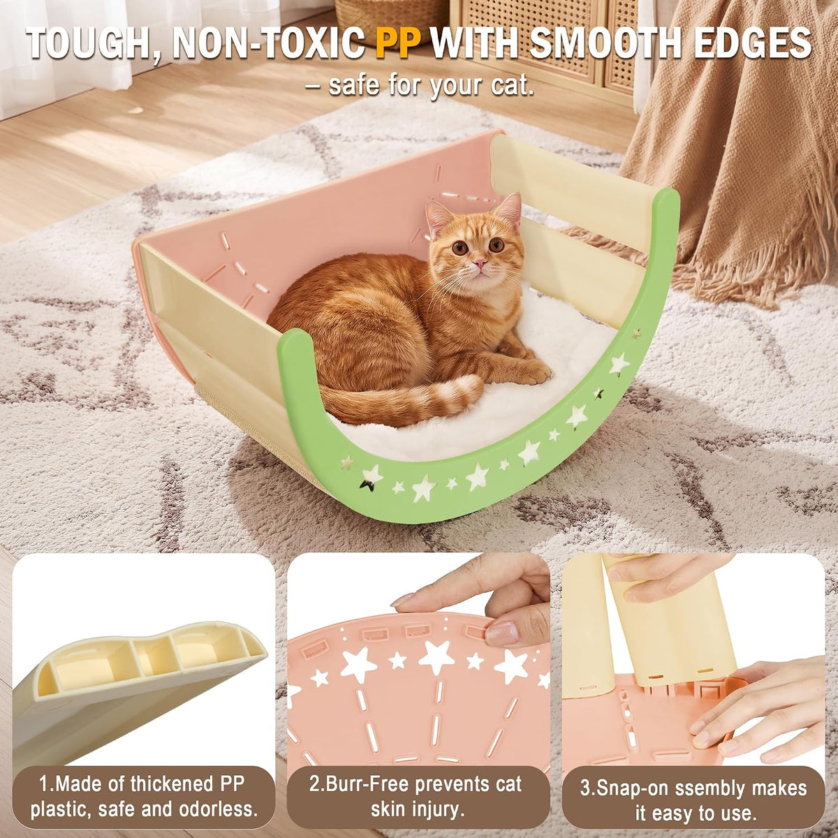 3-in-1 Crescent Elevated Cat Bed with Removable Sisal Scratcher & Soft Fleece Mat, Rocking Cat Hammock Lounge for Indoor Cats, Kittens & Small Animals, Pink