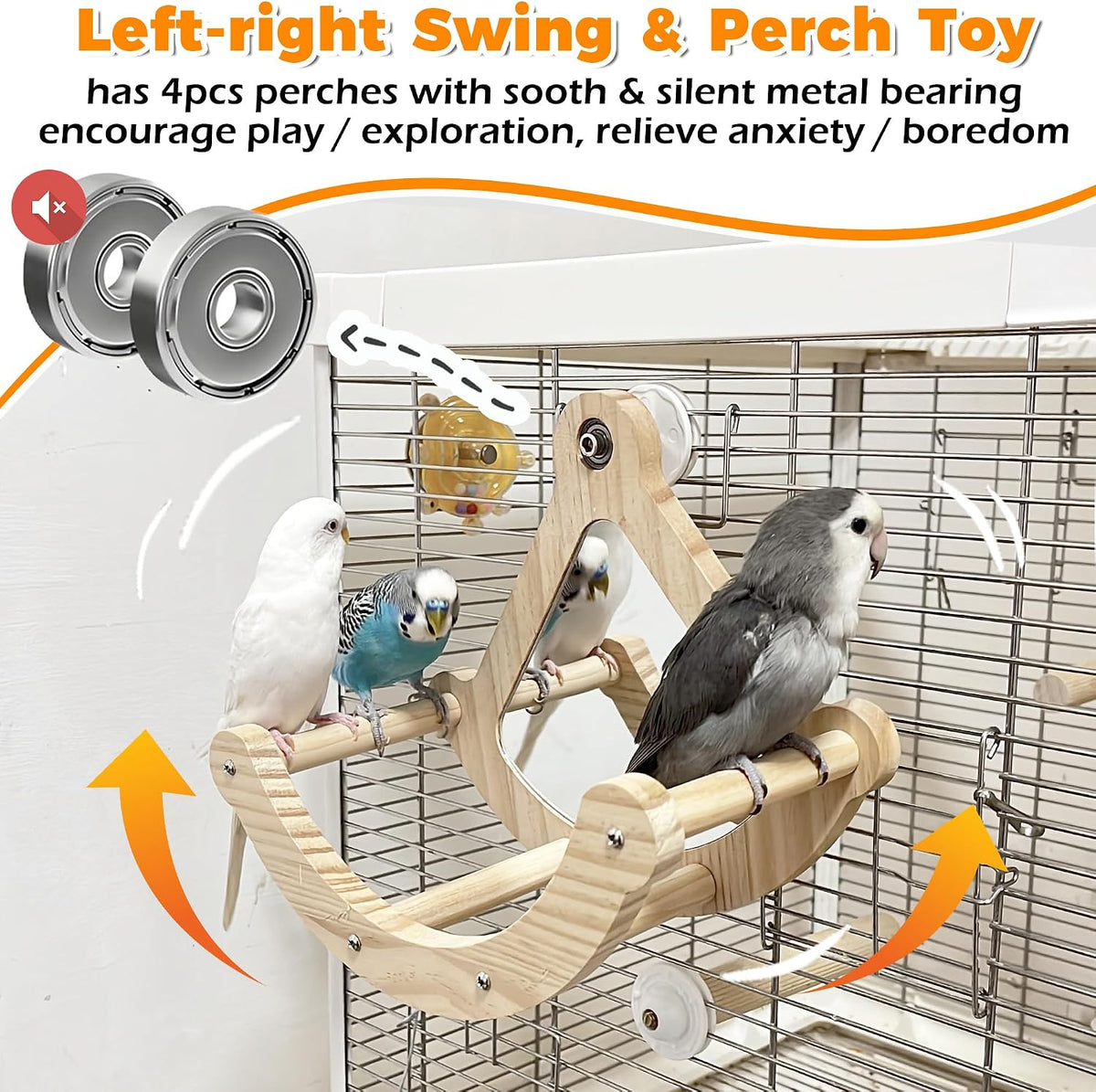 Wooden Bird Perch Swing Toy Combo with Mirror & 360° Spin, Interactive Enrichment Activity Gym Cage Accessories for Parakeet, Cockatiel, Parrot, Budgies, Conure, Lovebird