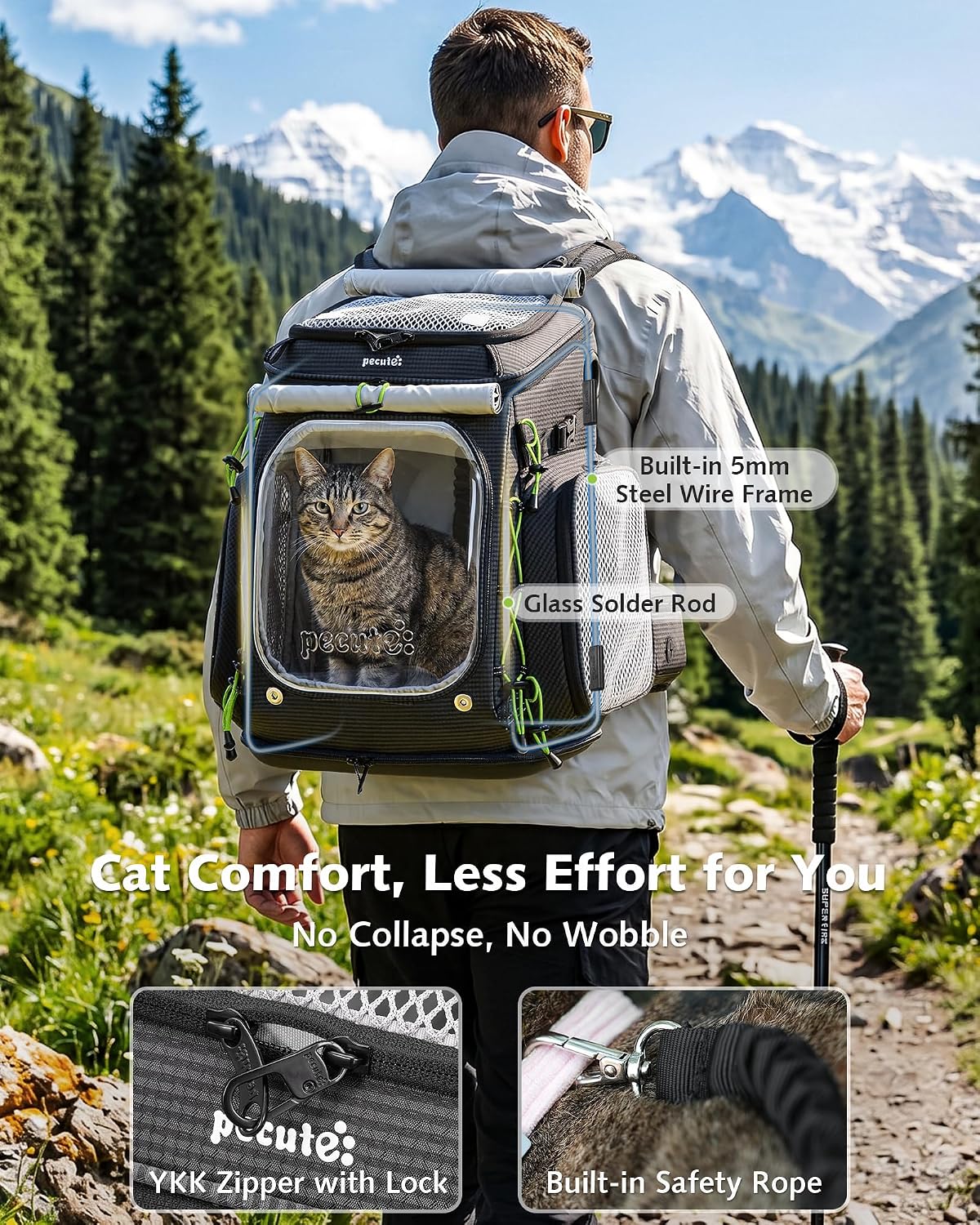 Pecute Cat Backpack Carrier, Stable Cat Hiking Backpack, Ergonomic, Gray