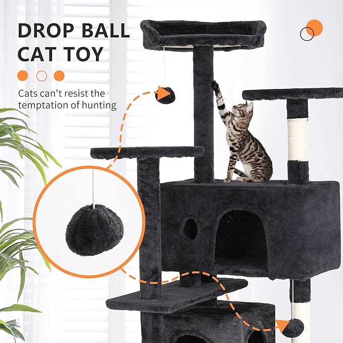 BestPet | 54" Cat Tree Tower | Dark Gray | Sturdy, Hanging Cat Toys, - Image 3