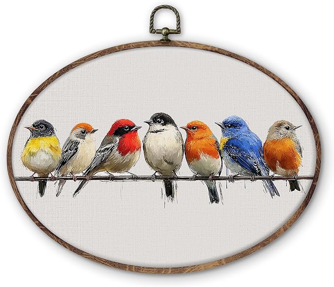 DILSJ Bird Oval Wall Art Decor, Rustic Nature Colorful Sparrow Birds Canvas by DILSJ